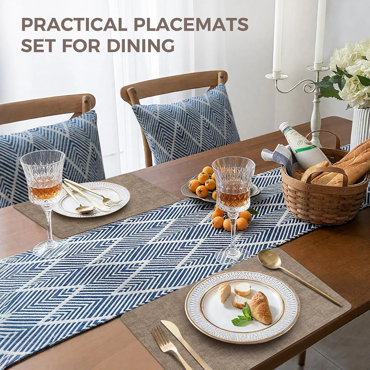 Faux Leather Washable Vinyl Placemats Set of 6, Waterproof and Heat Resistant Place Mats, Anti-Slip Table Mats with Coaster, Wipeable Placemats for Indoor & Outdoor 17" x 12" (Light Coffee, Set of 6)