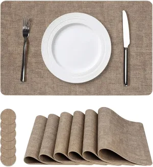 Faux Leather Washable Vinyl Placemats Set of 6, Waterproof and Heat Resistant Place Mats, Anti-Slip Table Mats with Coaster, Wipeable Placemats for Indoor & Outdoor 17" x 12" (Light Coffee, Set of 6)
