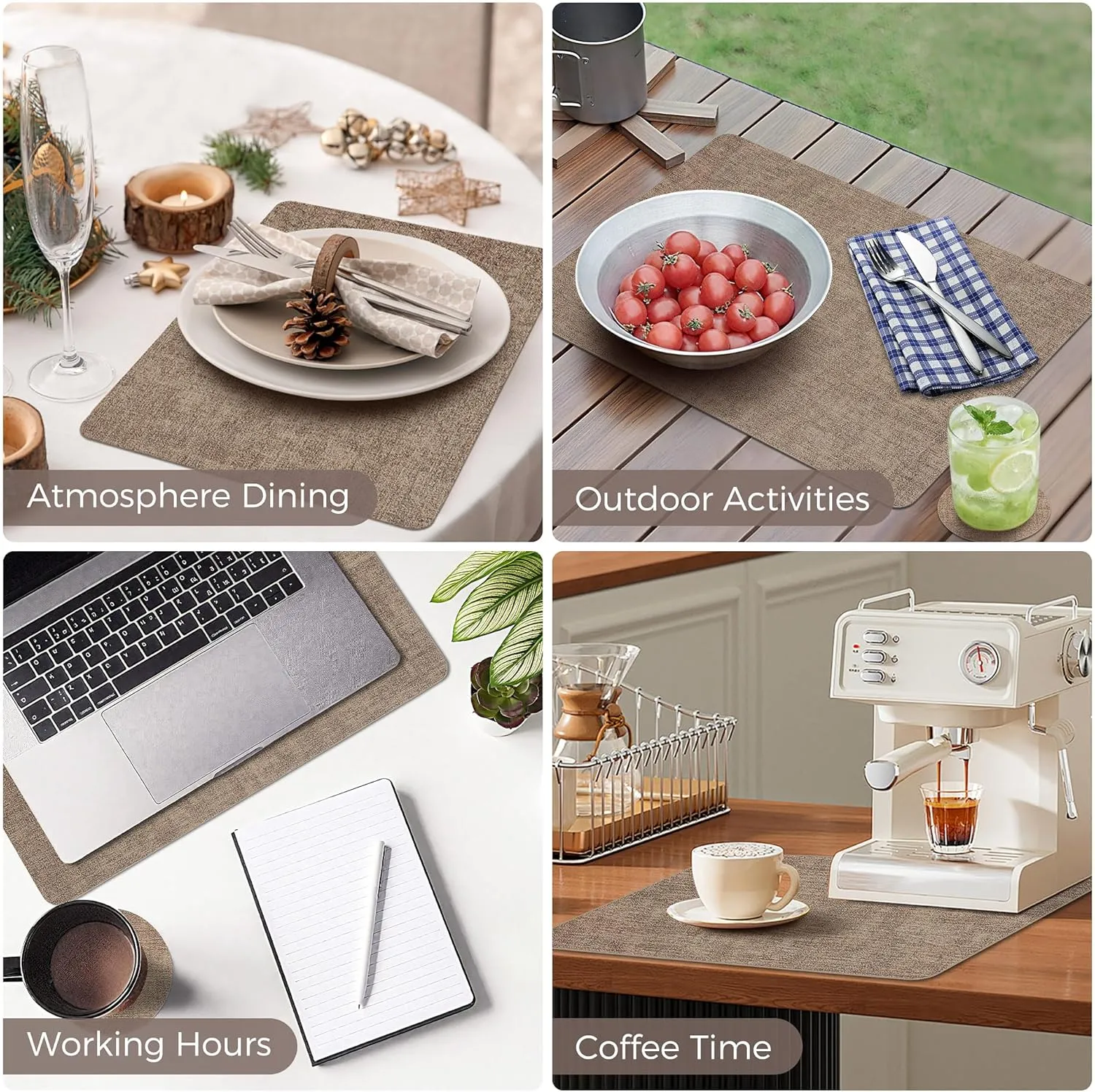 Faux Leather Washable Vinyl Placemats Set of 6, Waterproof and Heat Resistant Place Mats, Anti-Slip Table Mats with Coaster, Wipeable Placemats for Indoor & Outdoor 17" x 12" (Light Coffee, Set of 6)