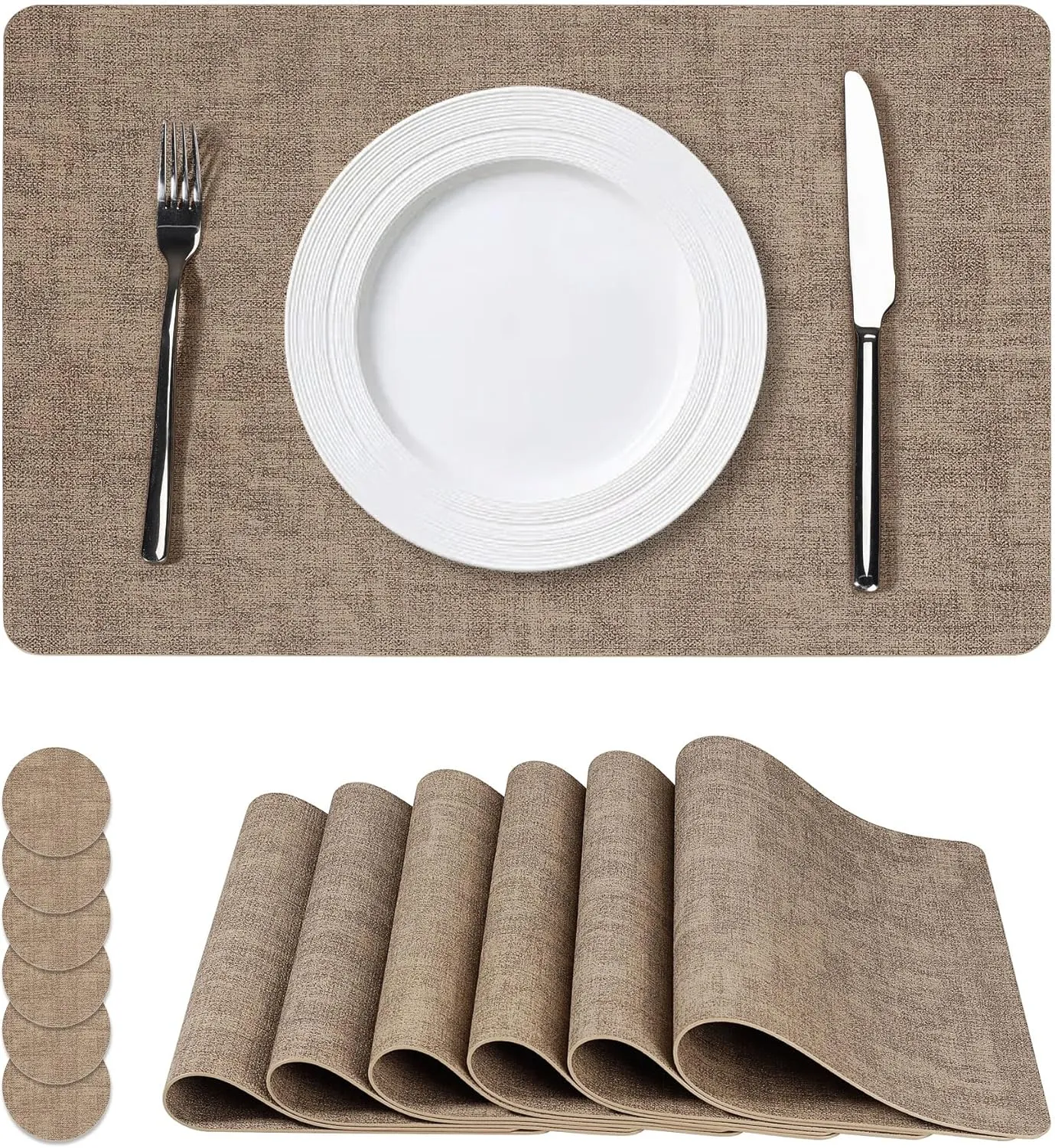 Faux Leather Washable Vinyl Placemats Set of 6, Waterproof and Heat Resistant Place Mats, Anti-Slip Table Mats with Coaster, Wipeable Placemats for Indoor & Outdoor 17" x 12" (Light Coffee, Set of 6)