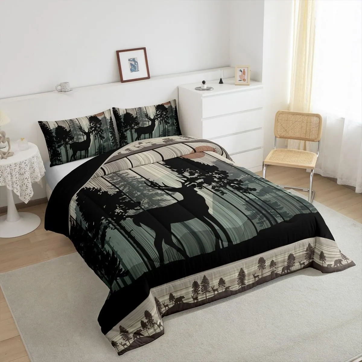 Feelyou Canbin Deer Comforter Set for Girls Boys Kids Deer Hunting Bedding Set Room Decor Rustic Farmhouse Bedding Set Wild Animal Brown Duvet Set Queen Size 3Pcs Quilt Set