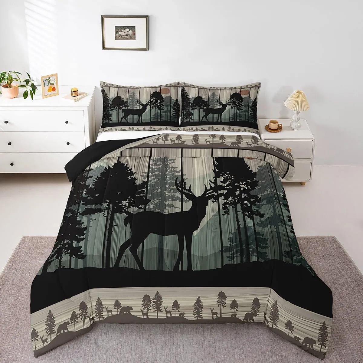 Feelyou Canbin Deer Comforter Set for Girls Boys Kids Deer Hunting Bedding Set Room Decor Rustic Farmhouse Bedding Set Wild Animal Brown Duvet Set Queen Size 3Pcs Quilt Set