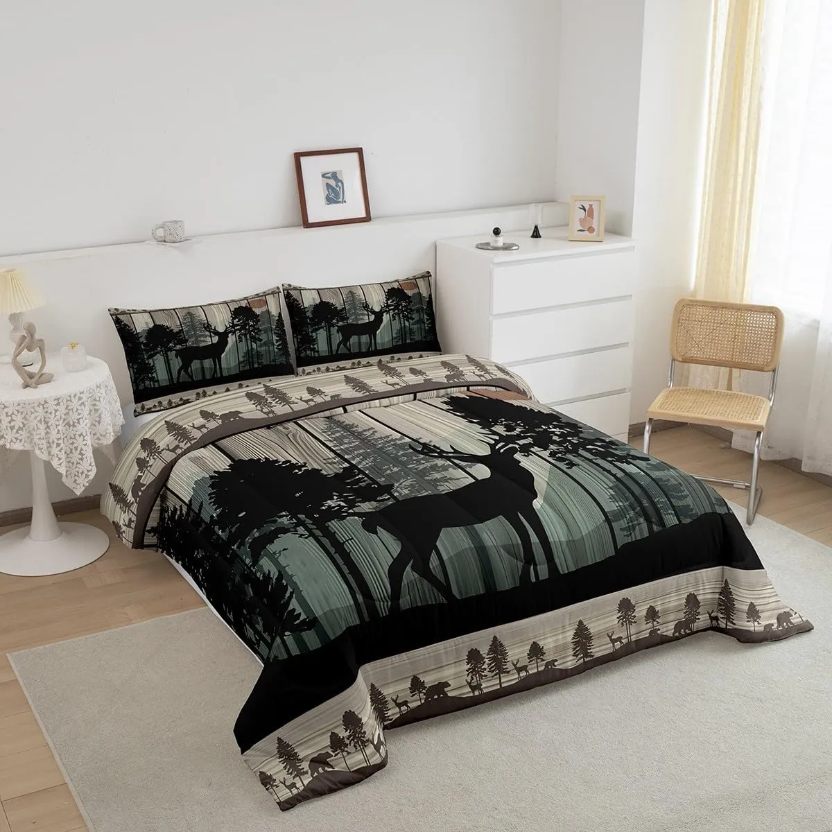 Feelyou Canbin Deer Comforter Set for Girls Boys Kids Deer Hunting Bedding Set Room Decor Rustic Farmhouse Bedding Set Wild Animal Brown Duvet Set Queen Size 3Pcs Quilt Set