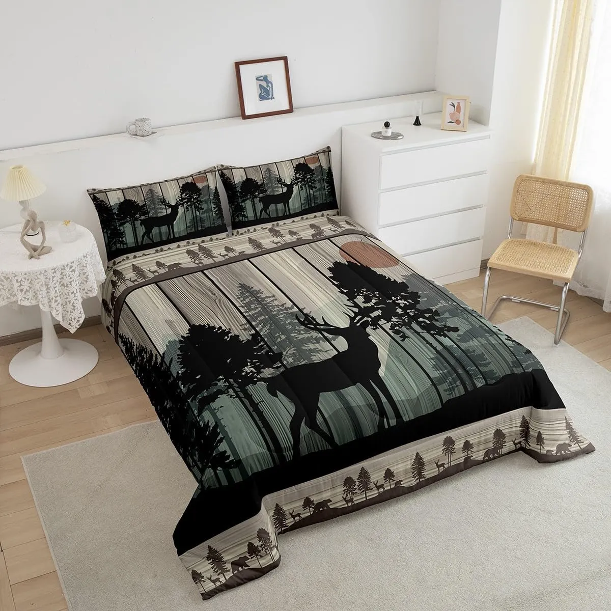 Feelyou Canbin Deer Comforter Set for Girls Boys Kids Deer Hunting Bedding Set Room Decor Rustic Farmhouse Bedding Set Wild Animal Brown Duvet Set Queen Size 3Pcs Quilt Set