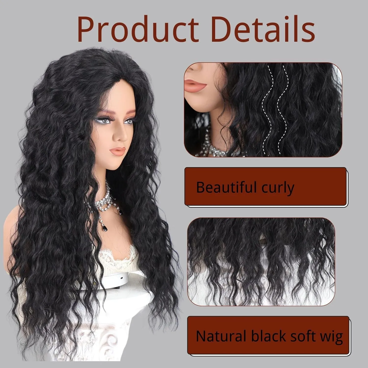 Fencca Long Curly Black Wigs for Women Black Wavy Wig Natural Looking Loose Wave Hair Glueless Heat Resistant Synthetic Wig Hair Replacement Wig