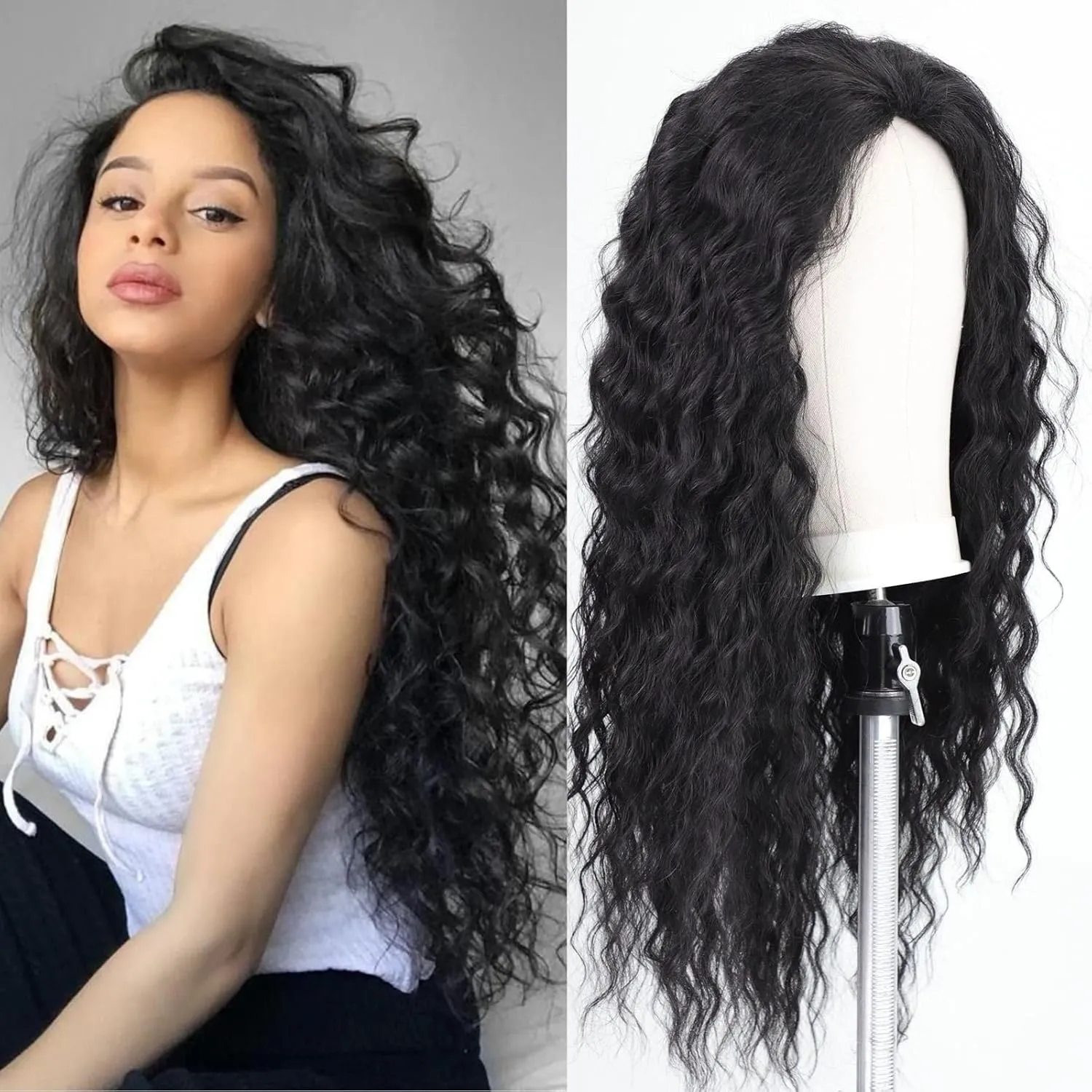 Fencca Long Curly Black Wigs for Women Black Wavy Wig Natural Looking Loose Wave Hair Glueless Heat Resistant Synthetic Wig Hair Replacement Wig