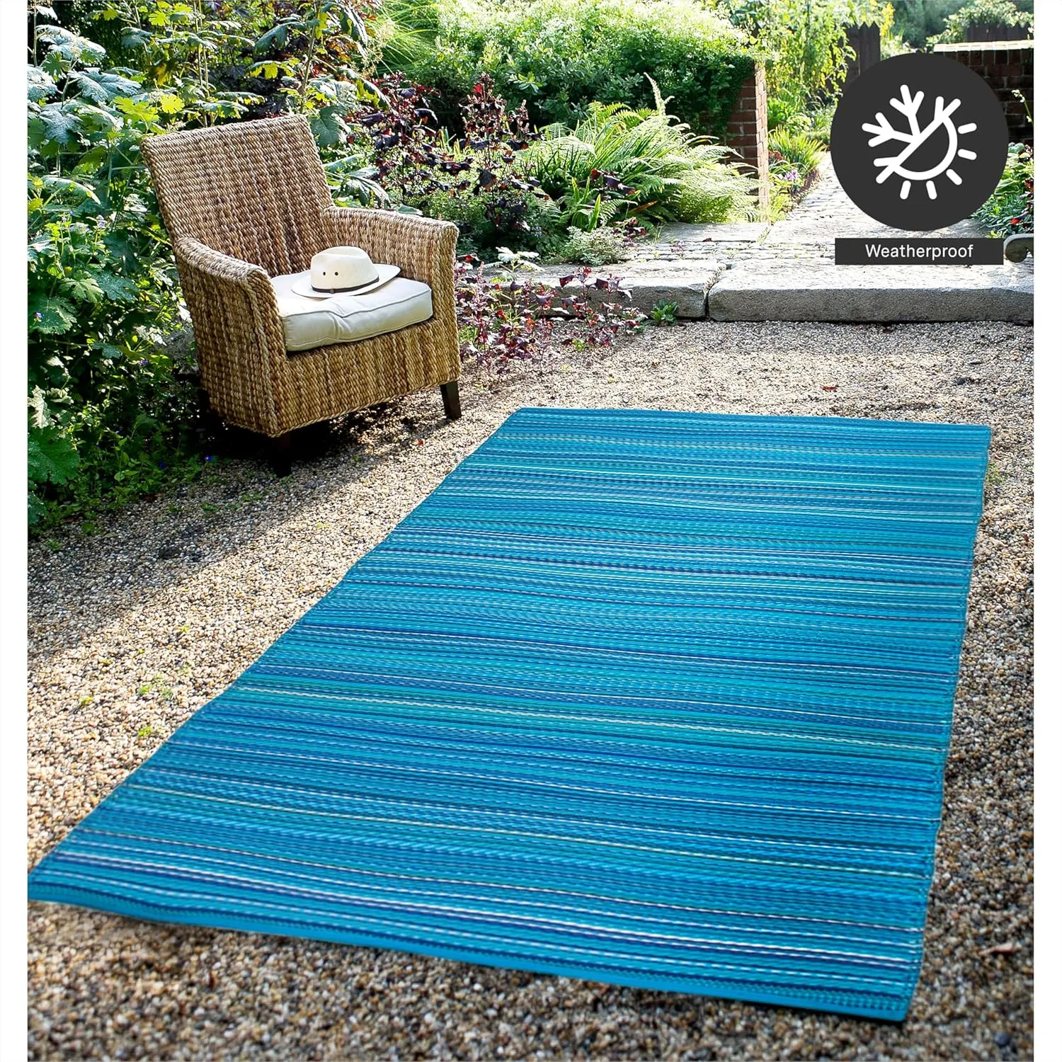 FH Home Outdoor Camping Rug - Waterproof, Fade Resistant, Reversible - Premium Recycled Plastic - Striped - Large Patio, Deck, Sunroom, RV - Havana - Turquoise - 9 x 12 ft Foldable