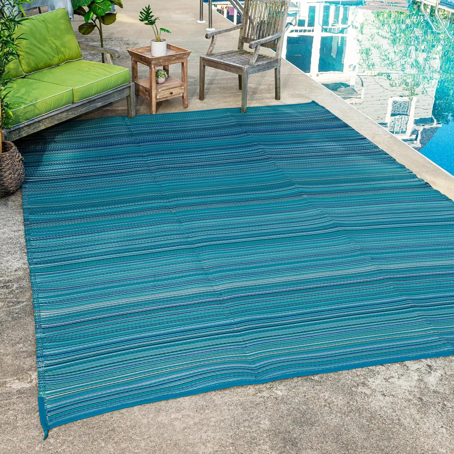 FH Home Outdoor Camping Rug - Waterproof, Fade Resistant, Reversible - Premium Recycled Plastic - Striped - Large Patio, Deck, Sunroom, RV - Havana - Turquoise - 9 x 12 ft Foldable