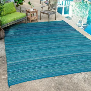 FH Home Outdoor Camping Rug - Waterproof, Fade Resistant, Reversible - Premium Recycled Plastic - Striped - Large Patio, Deck, Sunroom, RV - Havana - Turquoise - 9 x 12 ft Foldable