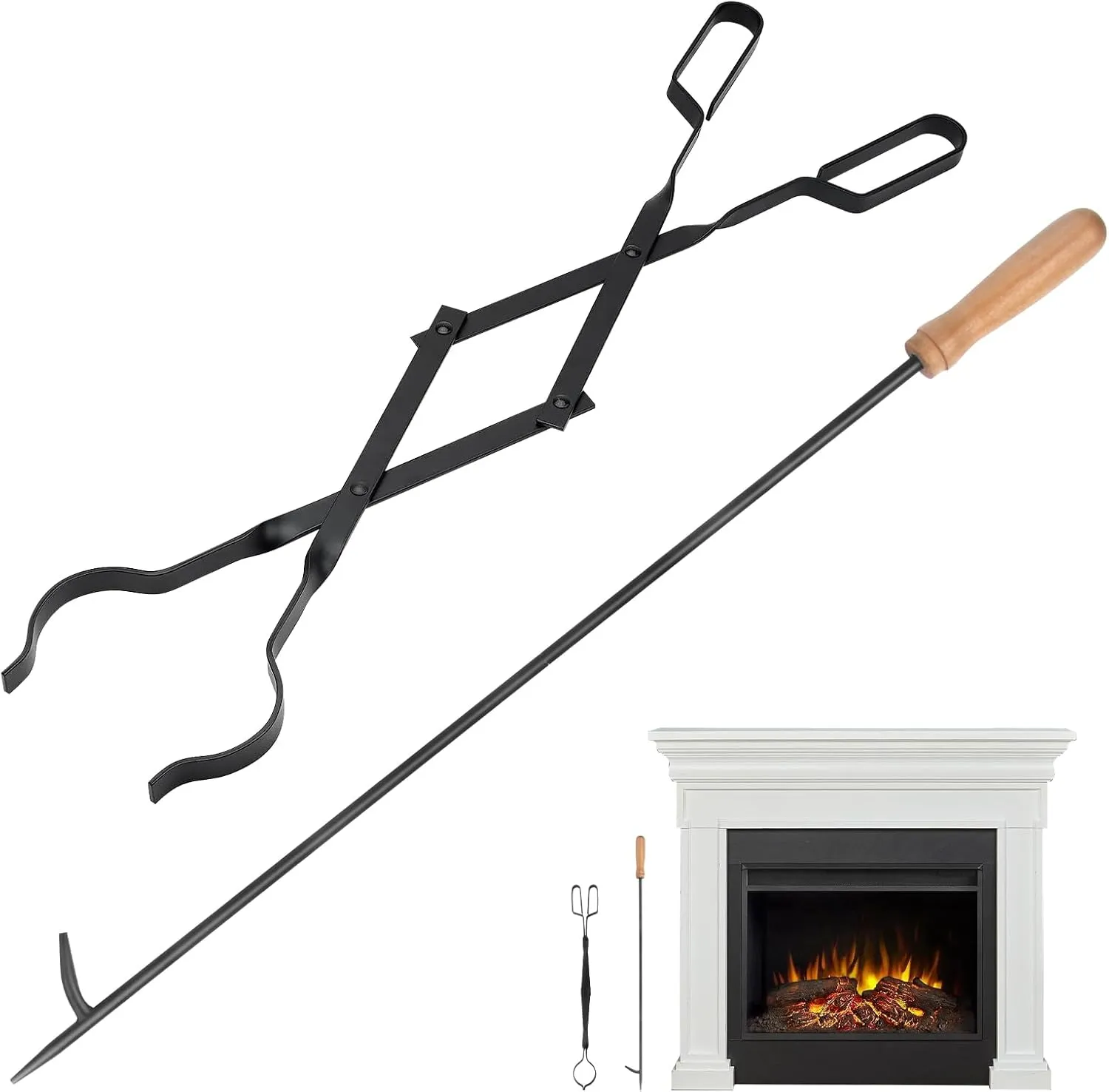 Fireplace Tools Fire Pit Accessories - 25" Fireplace Tongs and 32" Poker Set - Stove Accessories Fire Tongs Solid Poker Stick Tools - Log Grabber Heavy Duty Rust Resistant for Indoor and Outdoor use
