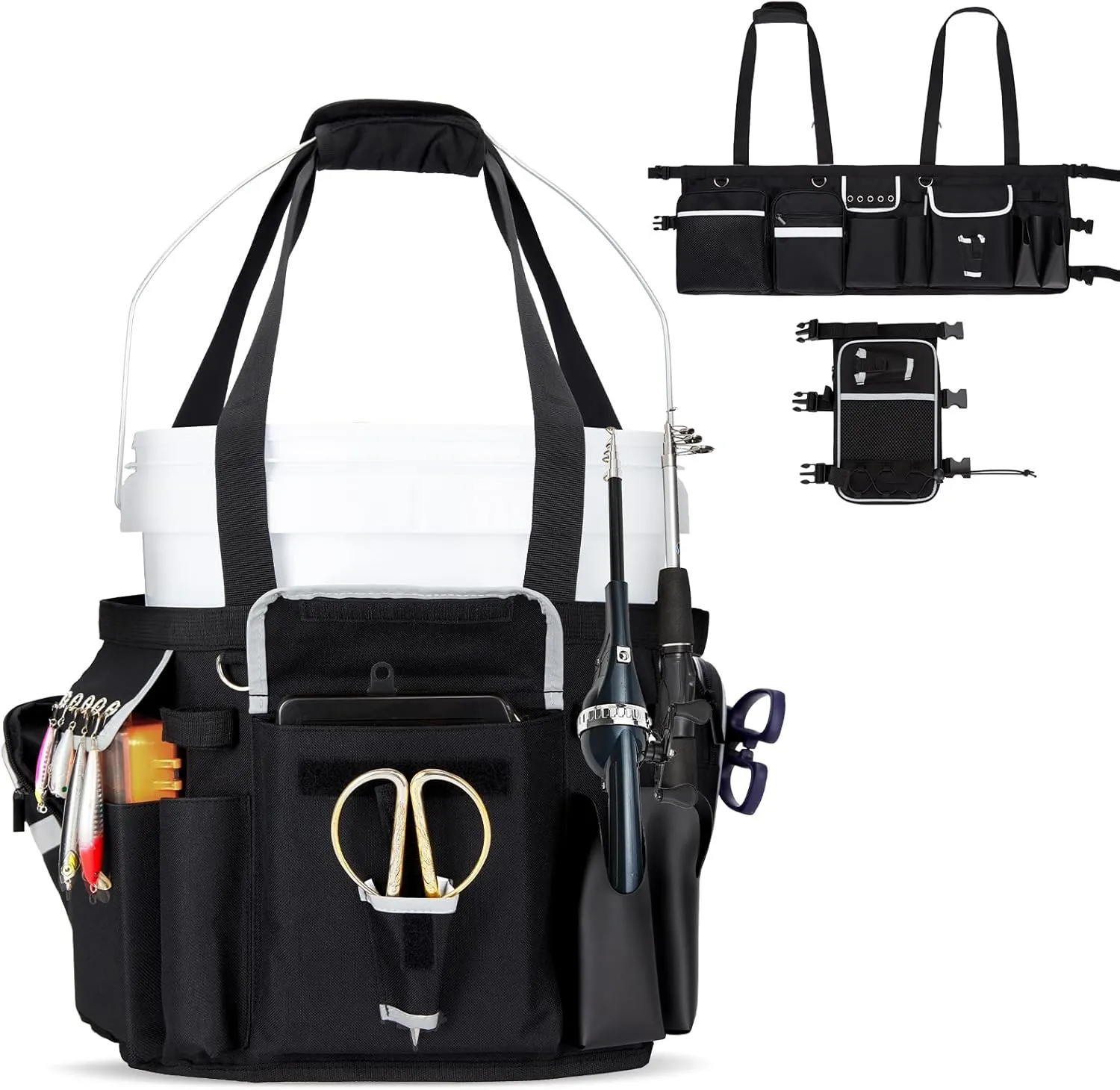 Fishing Bucket Organizer for 5-10 Gallon Bucket, Upgraded Expandable Pouch, Rod Holder & Reflective Strips, Waterproof, Multi-Pockets for Fishing Gear Organize