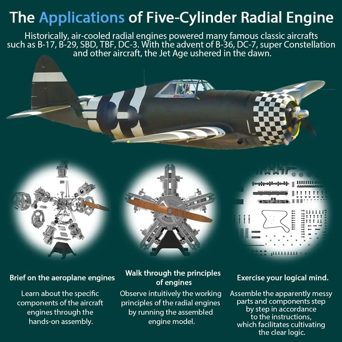Five-Cylinder Radial Engine, 230 pcs/Set 1:6 Aircraft Engine Simulation Electric Model Metal Machinery DIY Assembly Kit, Science Education Educational Toys Gift Ornaments