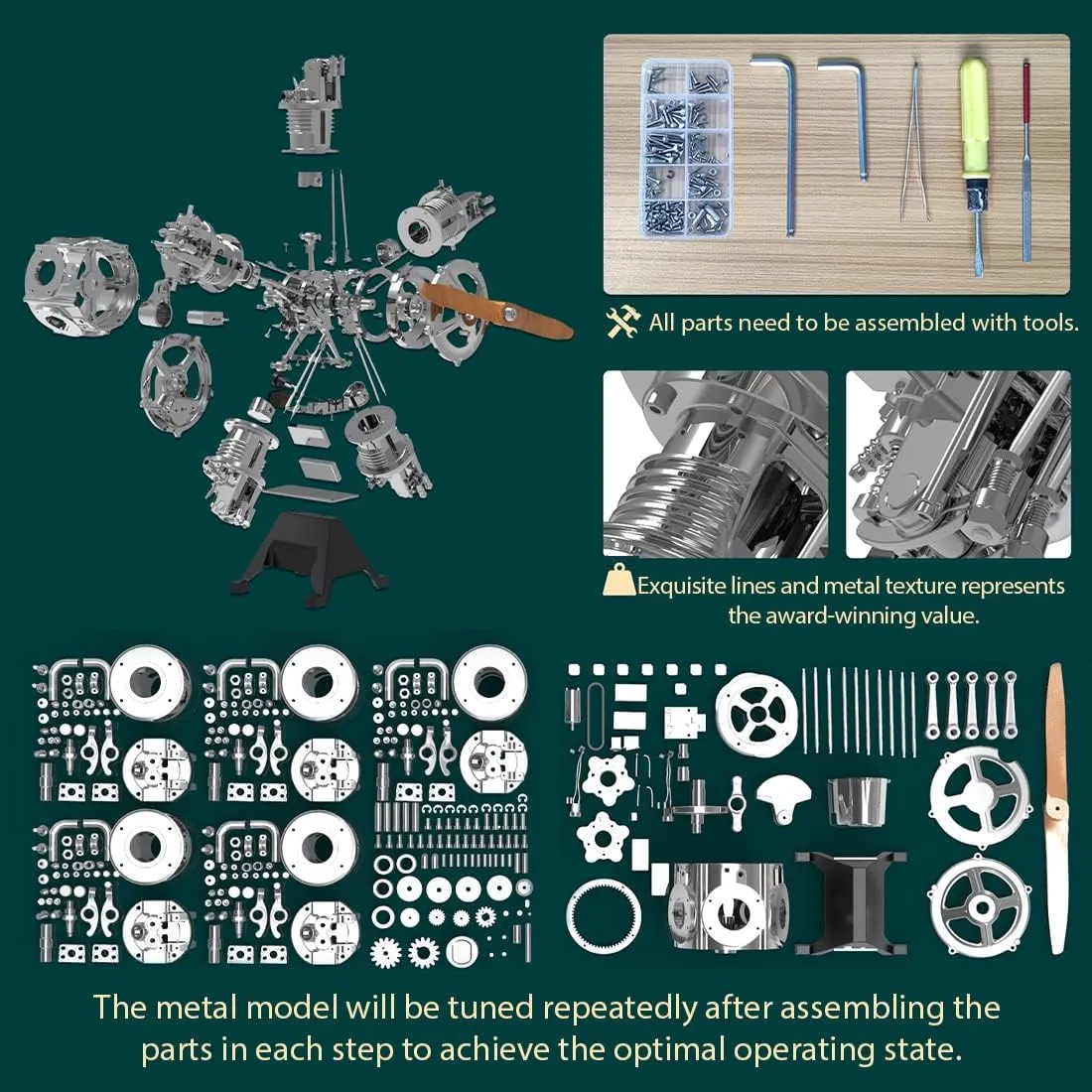 Five-Cylinder Radial Engine, 230 pcs/Set 1:6 Aircraft Engine Simulation Electric Model Metal Machinery DIY Assembly Kit, Science Education Educational Toys Gift Ornaments