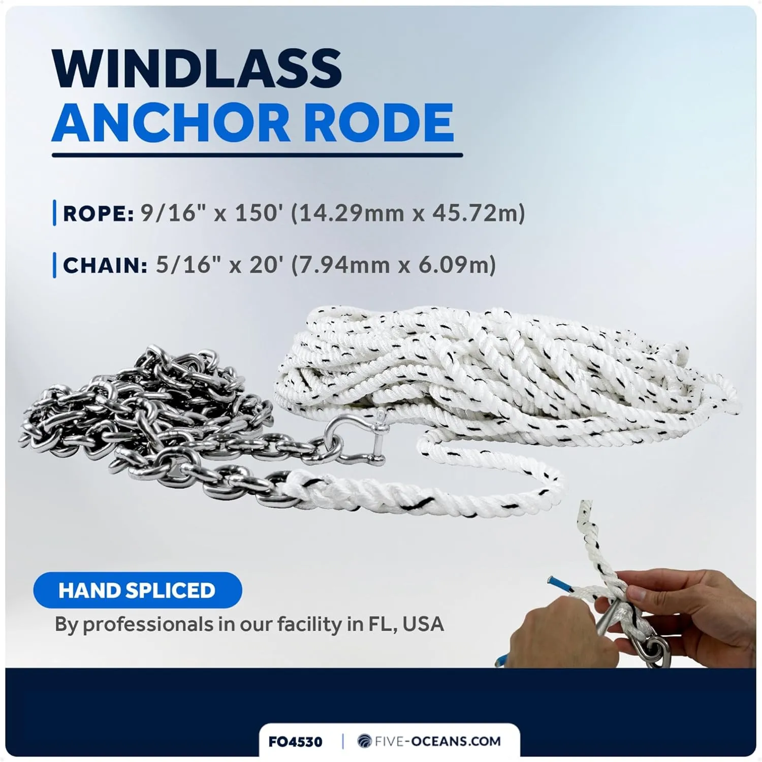 Five Oceans Windlass Anchor Rode, Hand-Spliced Anchor Rope and Chain Combination Kit, Nylon 3-Strand Rope, HT G4 Stainless Steel Chain for Boat Anchor System - Multiple Sizes