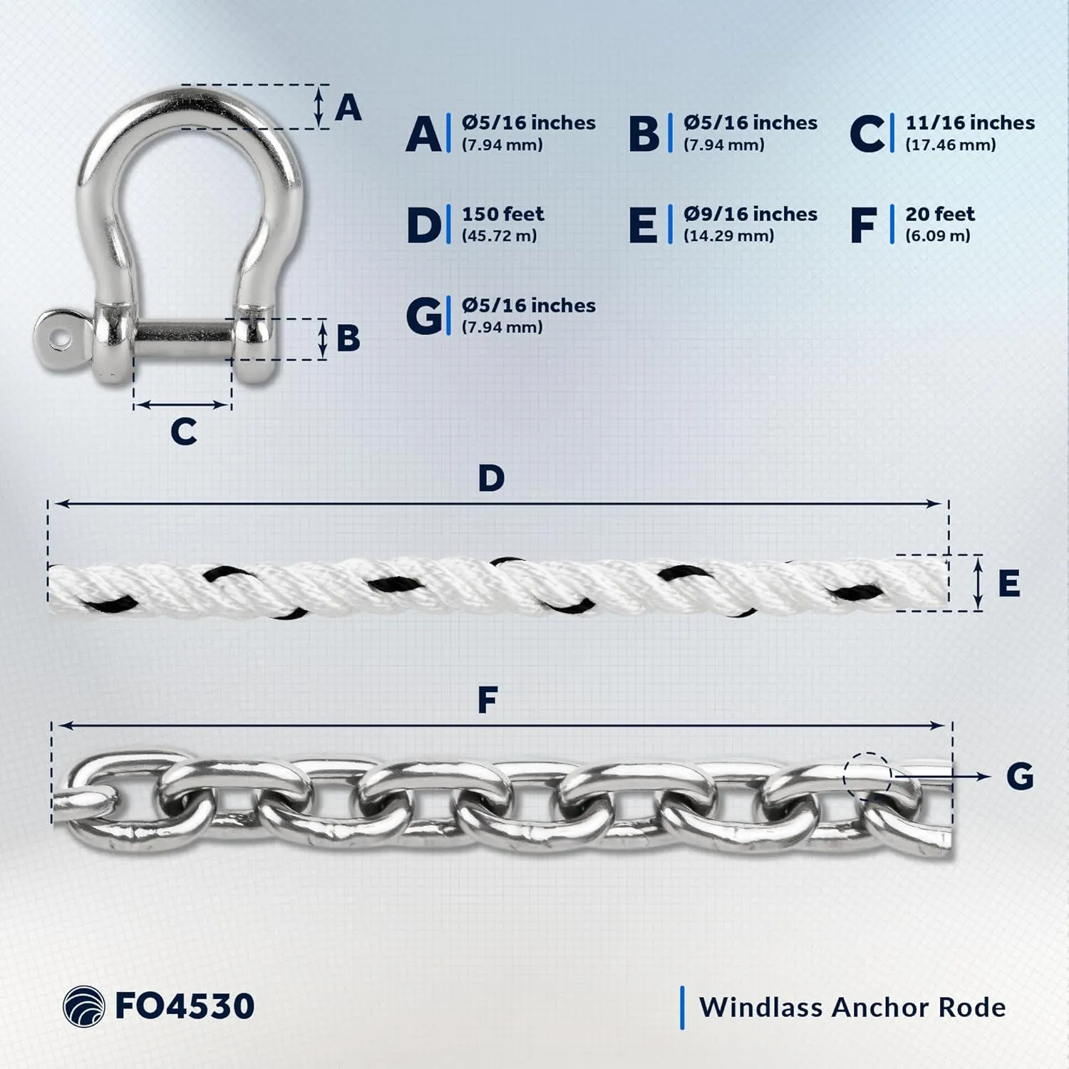 Five Oceans Windlass Anchor Rode, Hand-Spliced Anchor Rope and Chain Combination Kit, Nylon 3-Strand Rope, HT G4 Stainless Steel Chain for Boat Anchor System - Multiple Sizes