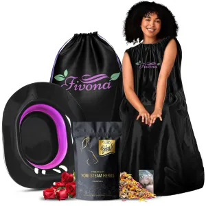FIVONA 4 in 1 Yoni Steam Kit Black - Foldable Over The Toilet Steamer Seat with Herbal Blend, Storage Bag and Steam Gown - Effective Detox pH Balance Cleansing and Relaxation