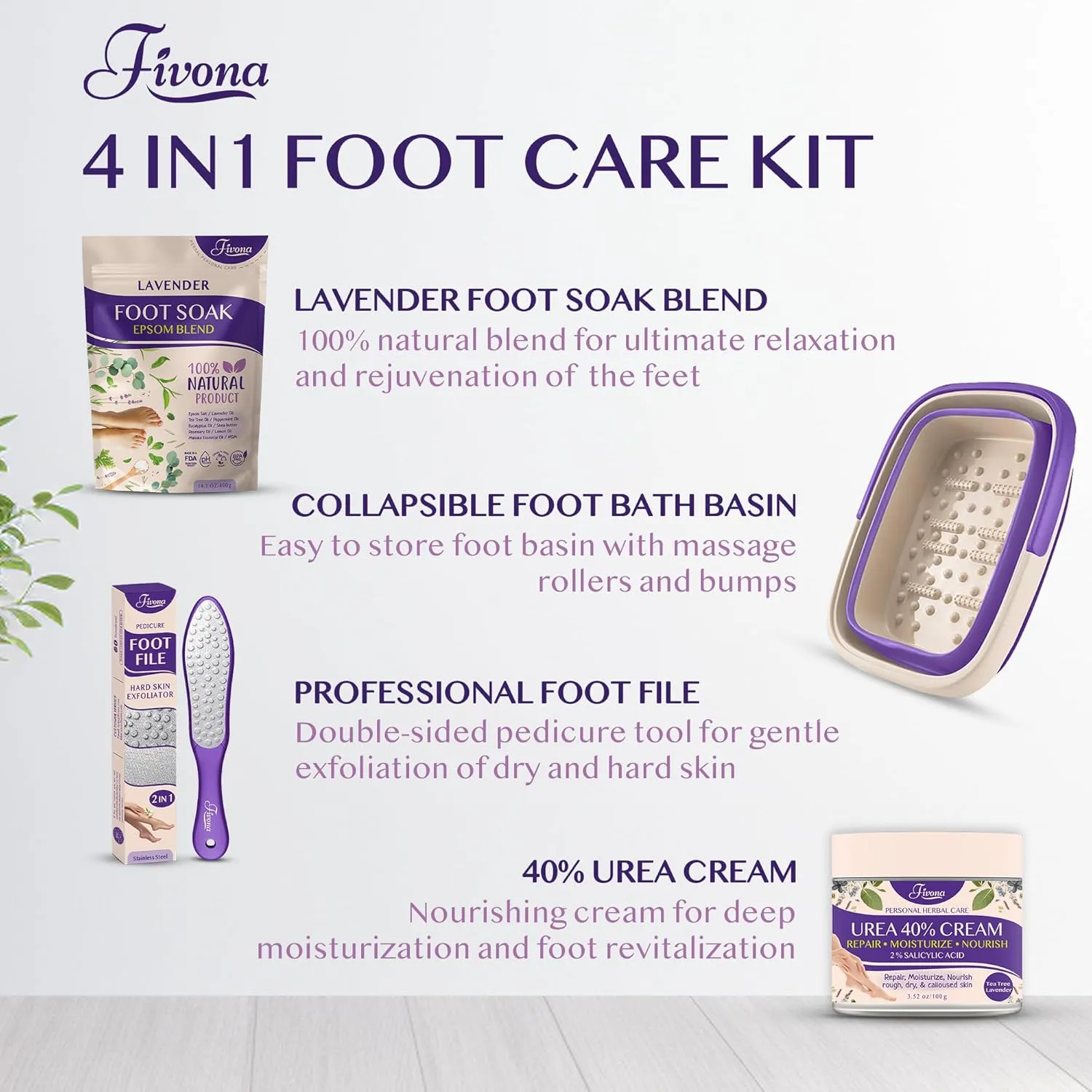 Fivona Foot Care Kit 4 in 1 - Foot Soak Blend with Epsom Salt, Lavender and Essential Oils - Collapsible Foot Soak Basin - 40% Urea Cream for Hard, Dry Skin - Dual Action Foot File