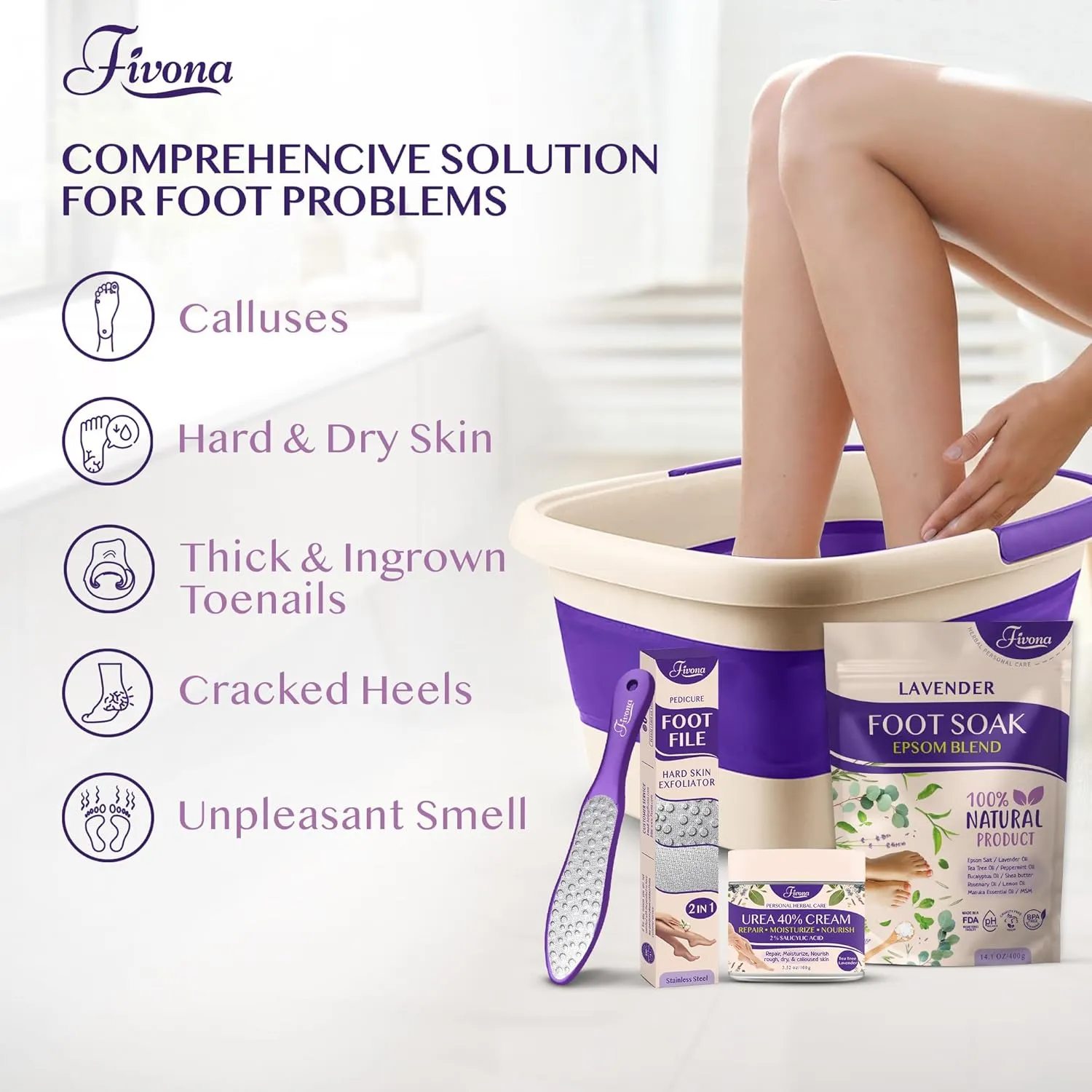 Fivona Foot Care Kit 4 in 1 - Foot Soak Blend with Epsom Salt, Lavender and Essential Oils - Collapsible Foot Soak Basin - 40% Urea Cream for Hard, Dry Skin - Dual Action Foot File