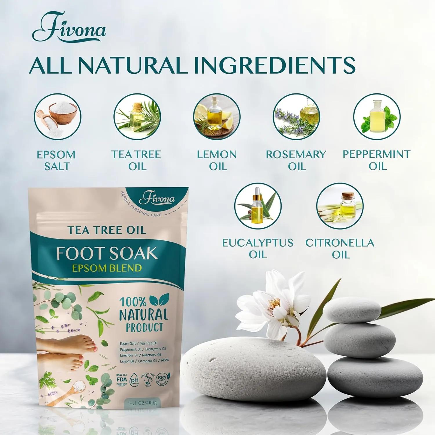 Fivona Foot Care Kit 4 in 1 - Foot Soak Blend with Epsom Salt, Tea Tree and Essential Oils - Collapsible Foot Soak Basin - 42% Urea Cream for Hard, Calloused Skin - Dual Action Foot File