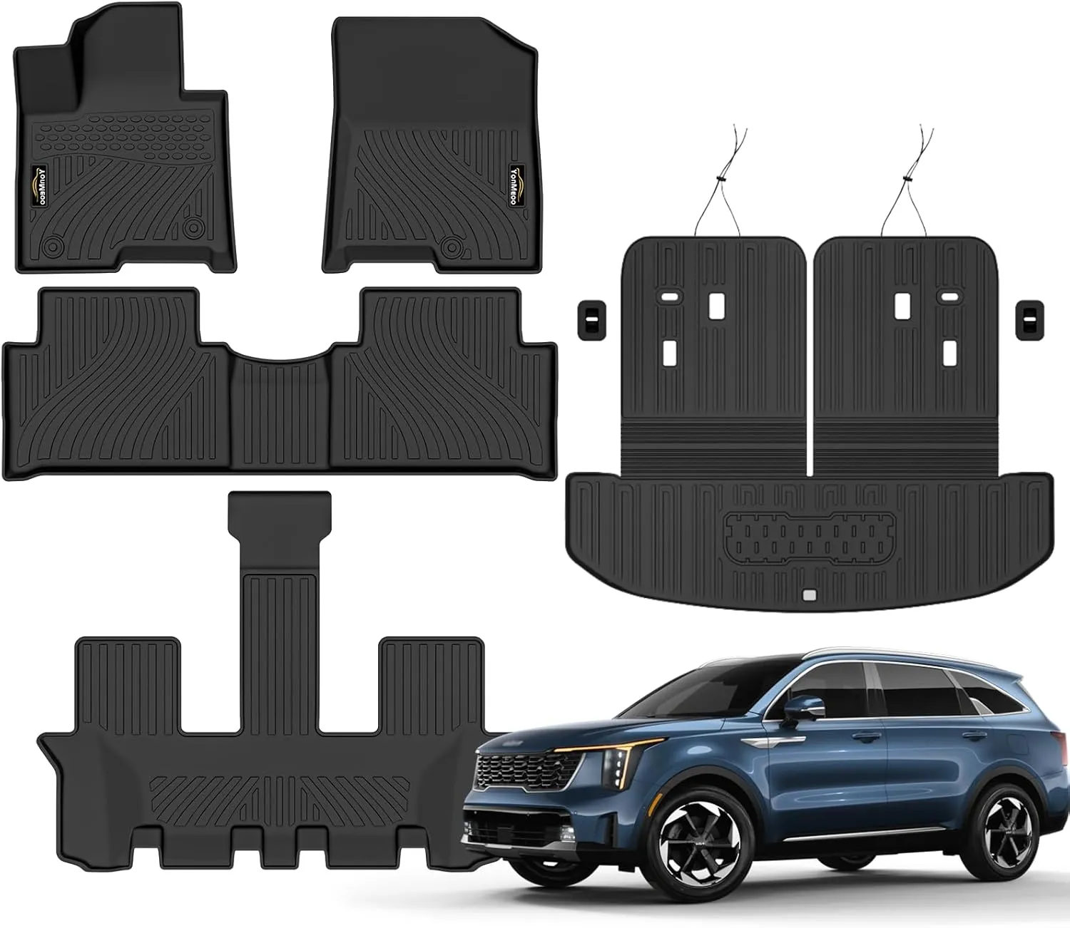 Floor Mats Fit for Kia Sorento Hybrid 2021-2024 2025 (PHEV&HEV) Trunk Mat with Backrest Mat All Weather TPE Rubber Cargo Liner Back Seat Protector Full Set for Sorento 2025 Plug-in Hybrid Accessories
