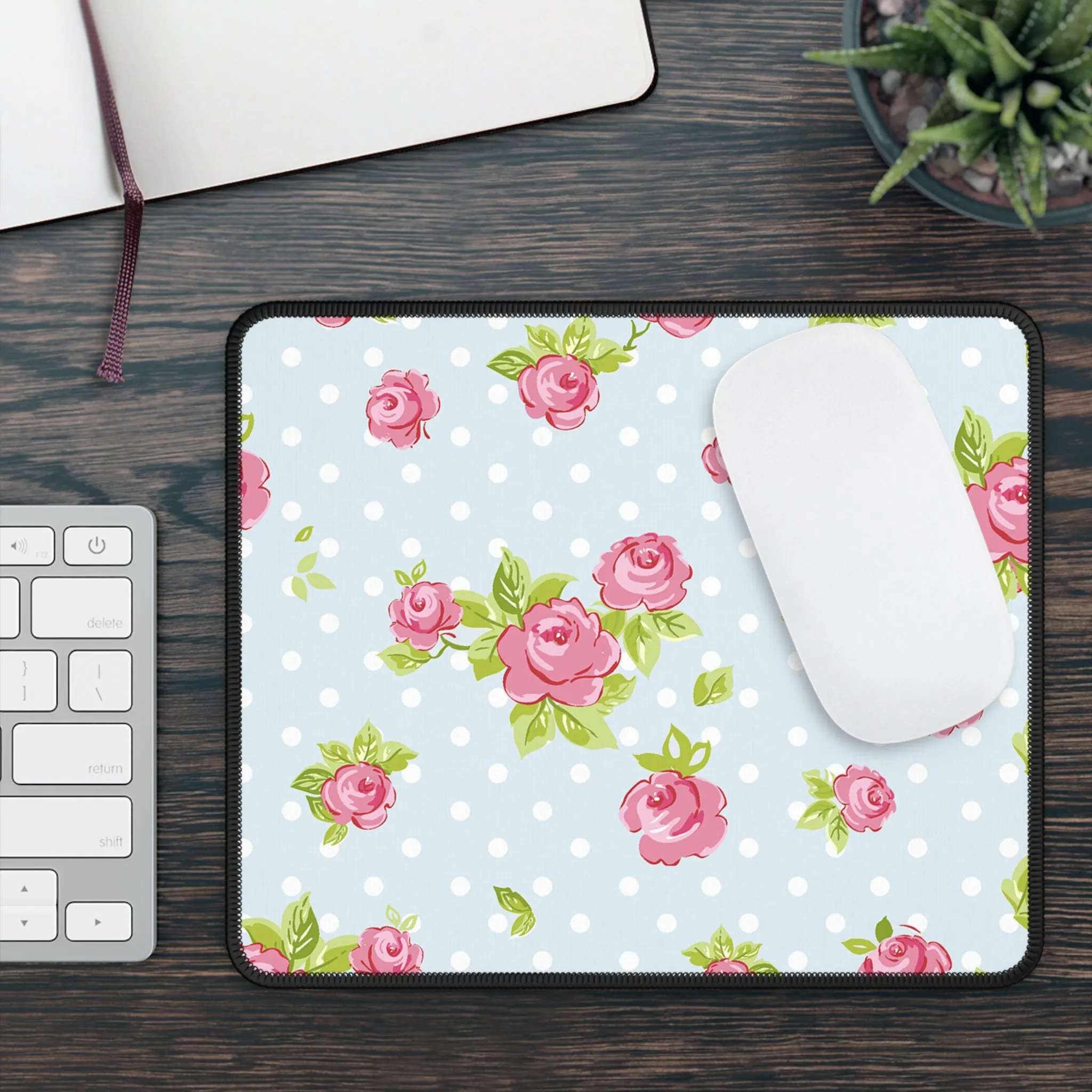 Floral Gaming Mouse Pad - Pink Roses on Blue Polka Dots
