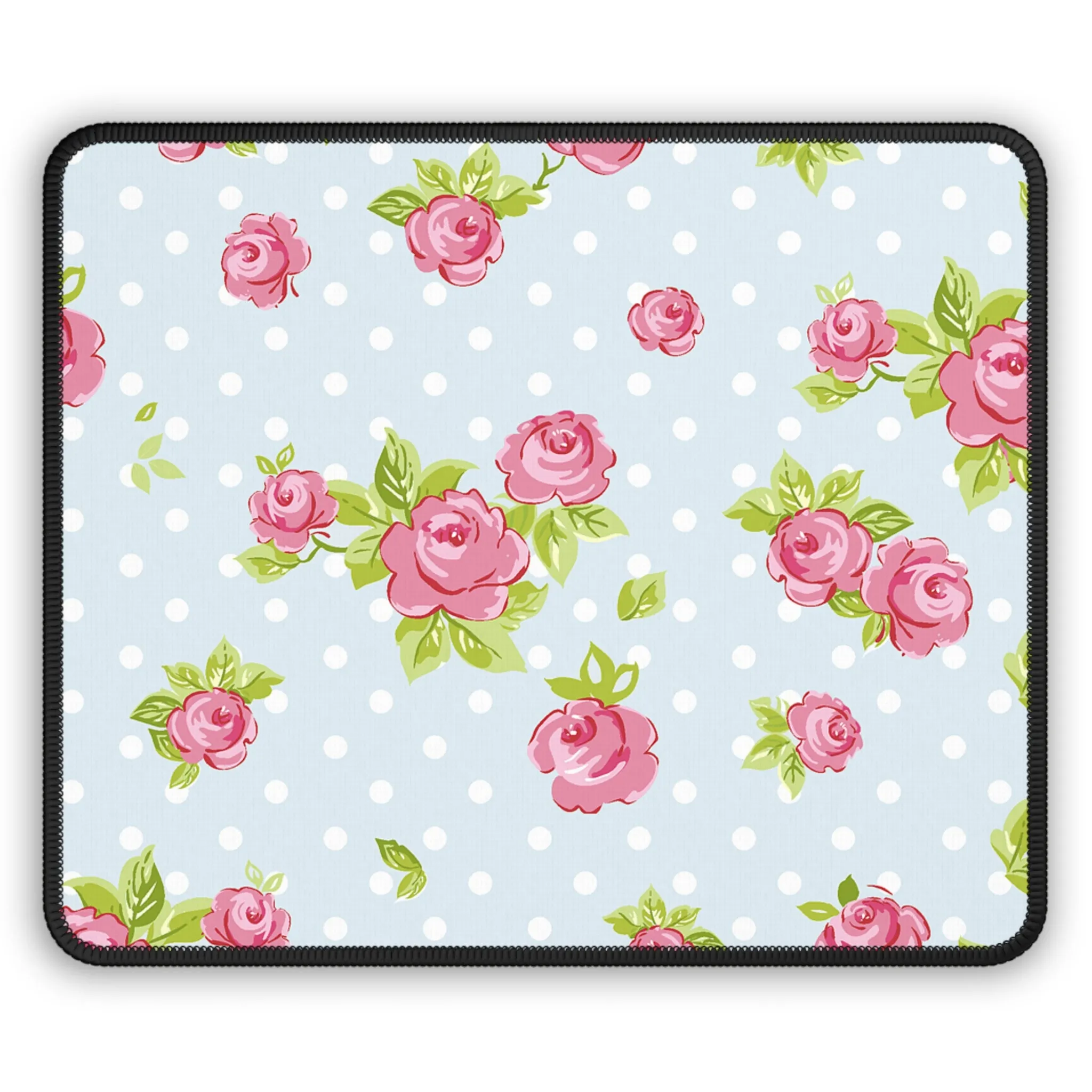 Floral Gaming Mouse Pad - Pink Roses on Blue Polka Dots