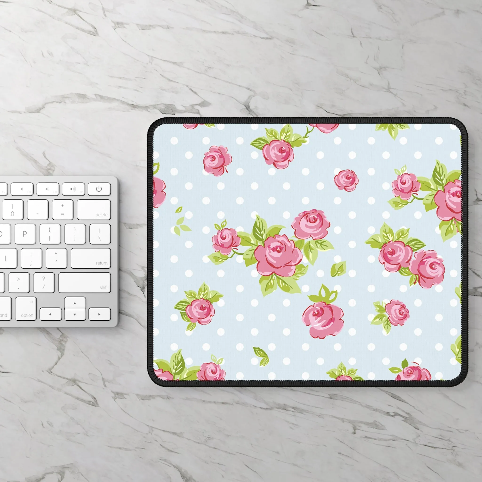 Floral Gaming Mouse Pad - Pink Roses on Blue Polka Dots