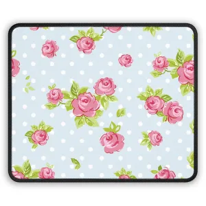 Floral Gaming Mouse Pad - Pink Roses on Blue Polka Dots