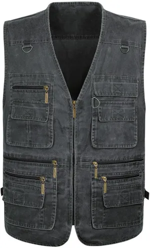 Flygo Men's Fishing Multi Pockets Plus Size Photography Outdoor Climbing Causual Tactical Multi Use Vest (Grey, Large)