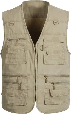 Flygo Men's Fishing Multi Pockets Plus Size Photography Outdoor Climbing Causual Tactical Multi Use Vest (Khaki, Small)