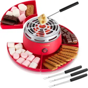 FOHERE Tabletop Indoor Electric S'mores Maker - Flameless Electric Marshmallow Roaster with 4 Detachable Trays & 4 Roasting Forks Graham Crackers, Chocolate, and Marshmallows,Red