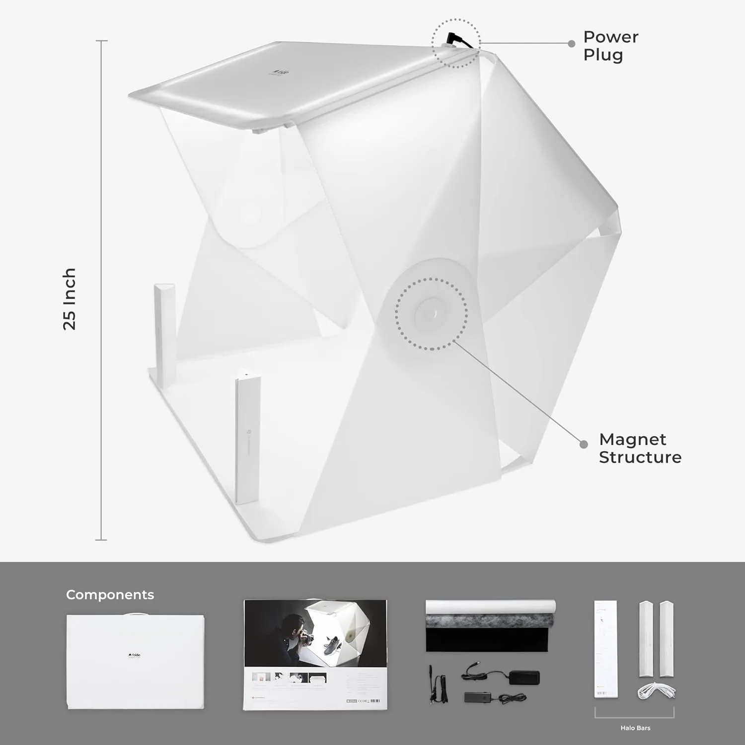 Foldio3   Extra Lights (25inch Lightbox for Product Photography with Halo Bars / 25" x 25"/ Portable Studio, Dimmable LED Chips, CRI 97 , Background Sheet Included | ORANGEMONKIE)