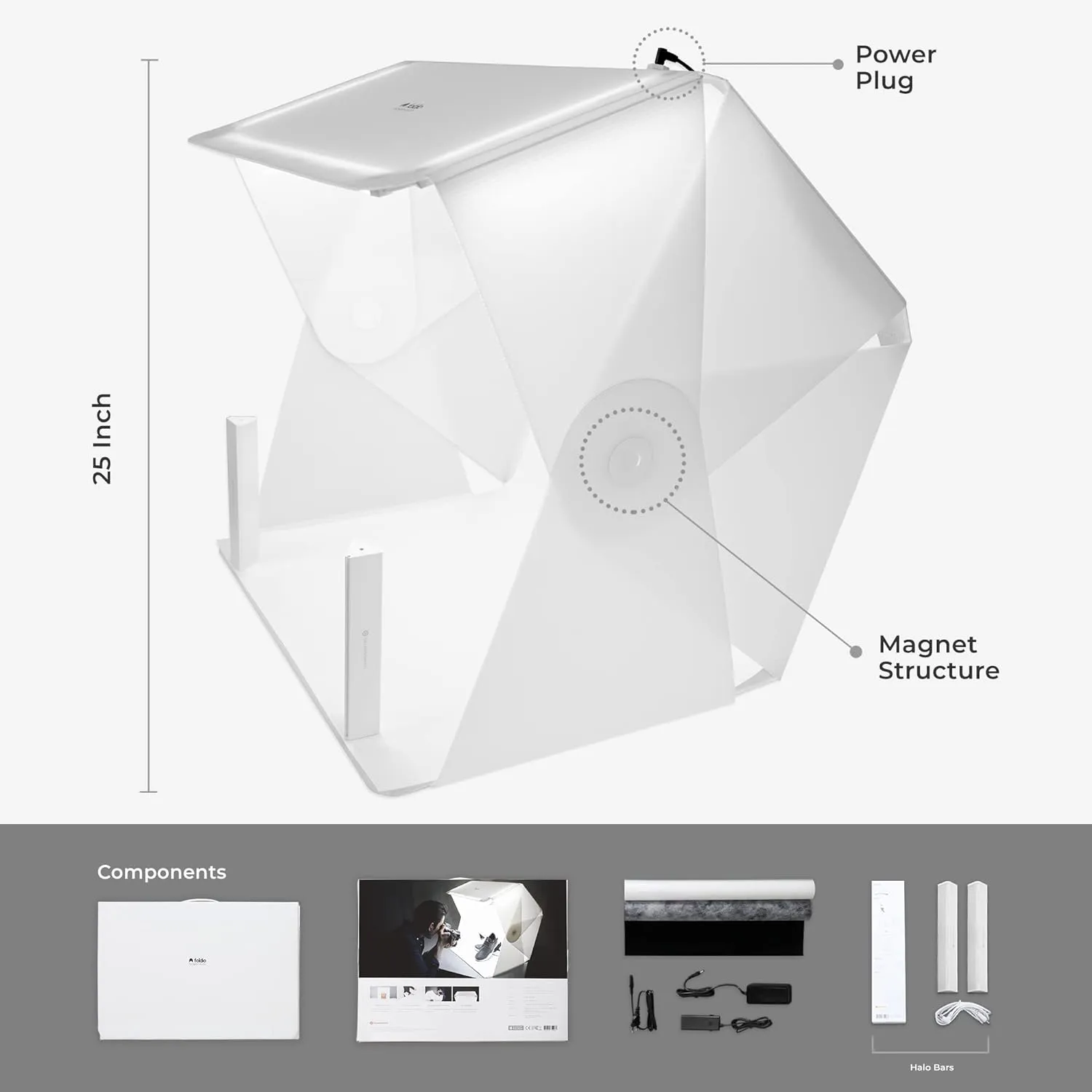 Foldio3   Extra Lights (25inch Lightbox for Product Photography with Halo Bars / 25" x 25"/ Portable Studio, Dimmable LED Chips, CRI 97 , Background Sheet Included | ORANGEMONKIE)