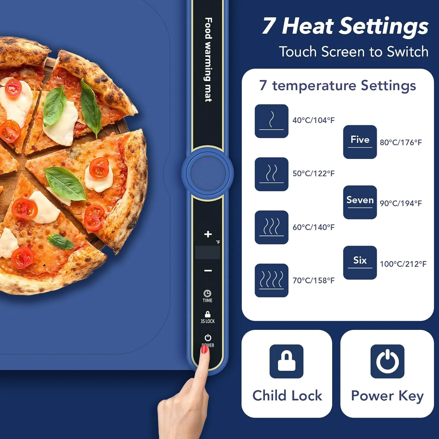 Food Warming Mat, Electric Warming Tray, 9 Heat Settings, Full Surface Heating, Rollable & Portable, Premium Silicone Nano-Material, Easy to Clean, Ideal for Parties, Buffets, and Daily Use (Blue)