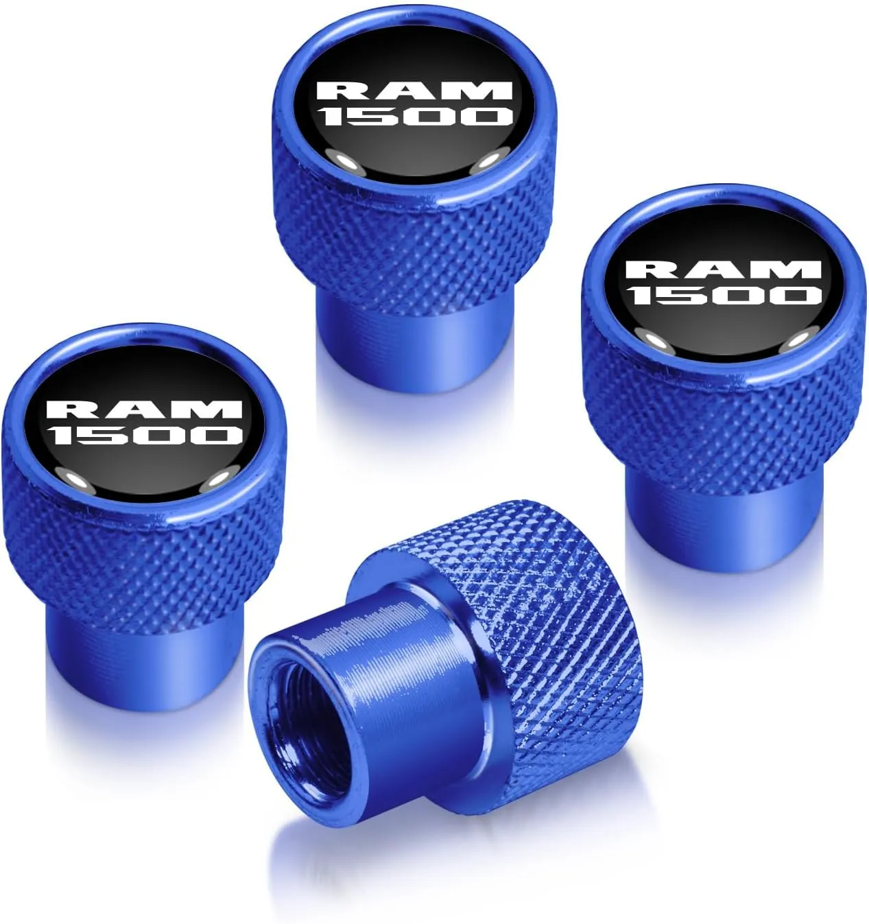 for RAM 1500 in Black on Blue Premium Aluminum Tire Valve Stem Caps
