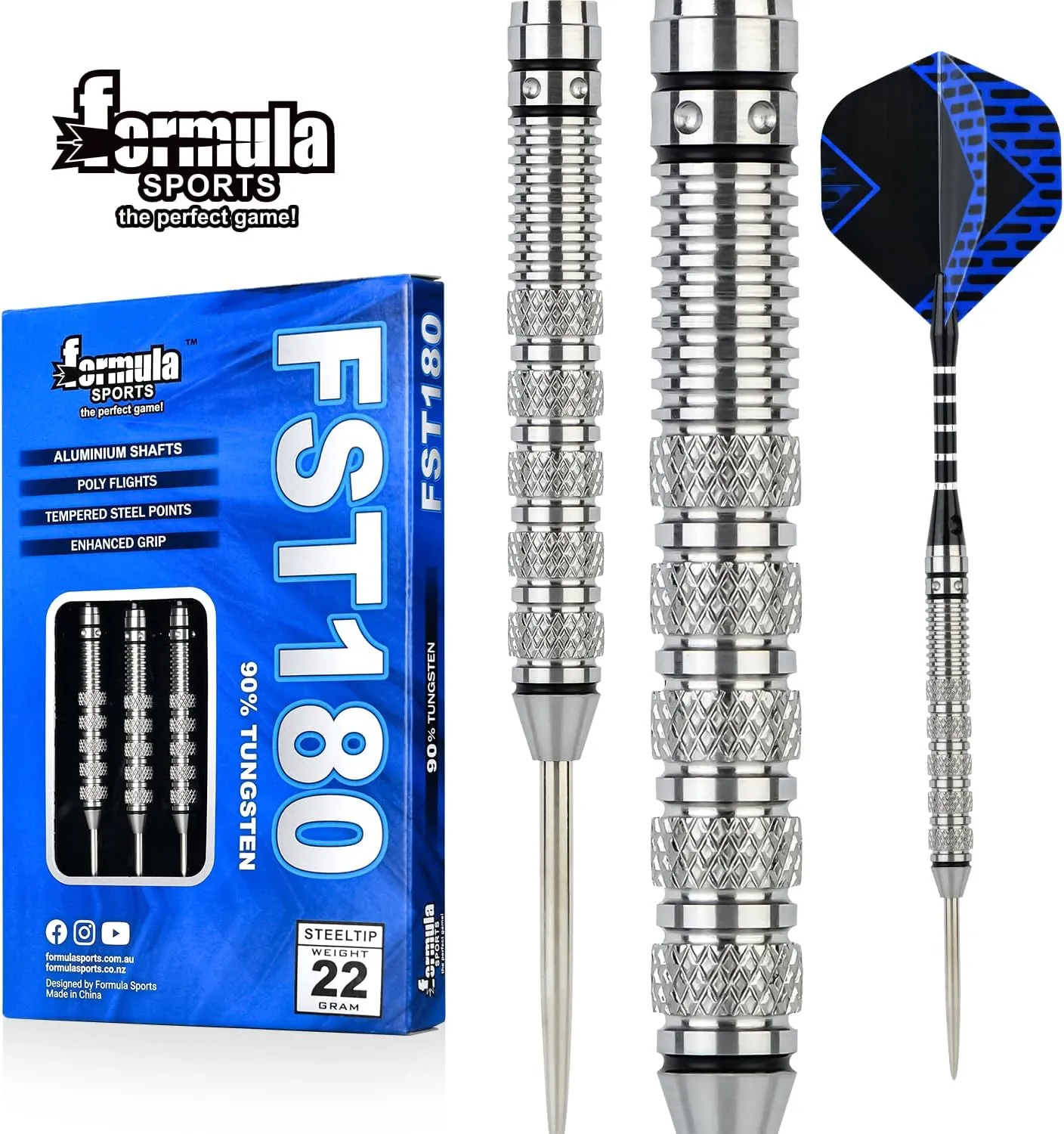 Formula Sports 90% Tungsten Darts Metal Tip Set 21g/22g/23g/24g, Professional Steel Tip Darts Set with Aluminum Shafts, Tungsten Barrels, Extra Flights, Dart Sharpener, Gift Box
