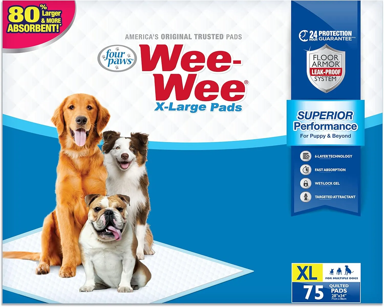 Four Paws Wee-Wee Superior Performance Pee Pads for Dogs with Runoff Barrier Edge Guard Protection, Puppy & Dog Potty Training Pads, Housebreaking Supplies, 28" x 34" (6 Count)