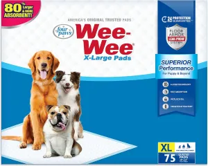 Four Paws Wee-Wee Superior Performance Pee Pads for Dogs with Runoff Barrier Edge Guard Protection, Puppy & Dog Potty Training Pads, Housebreaking Supplies, 28" x 34" (6 Count)