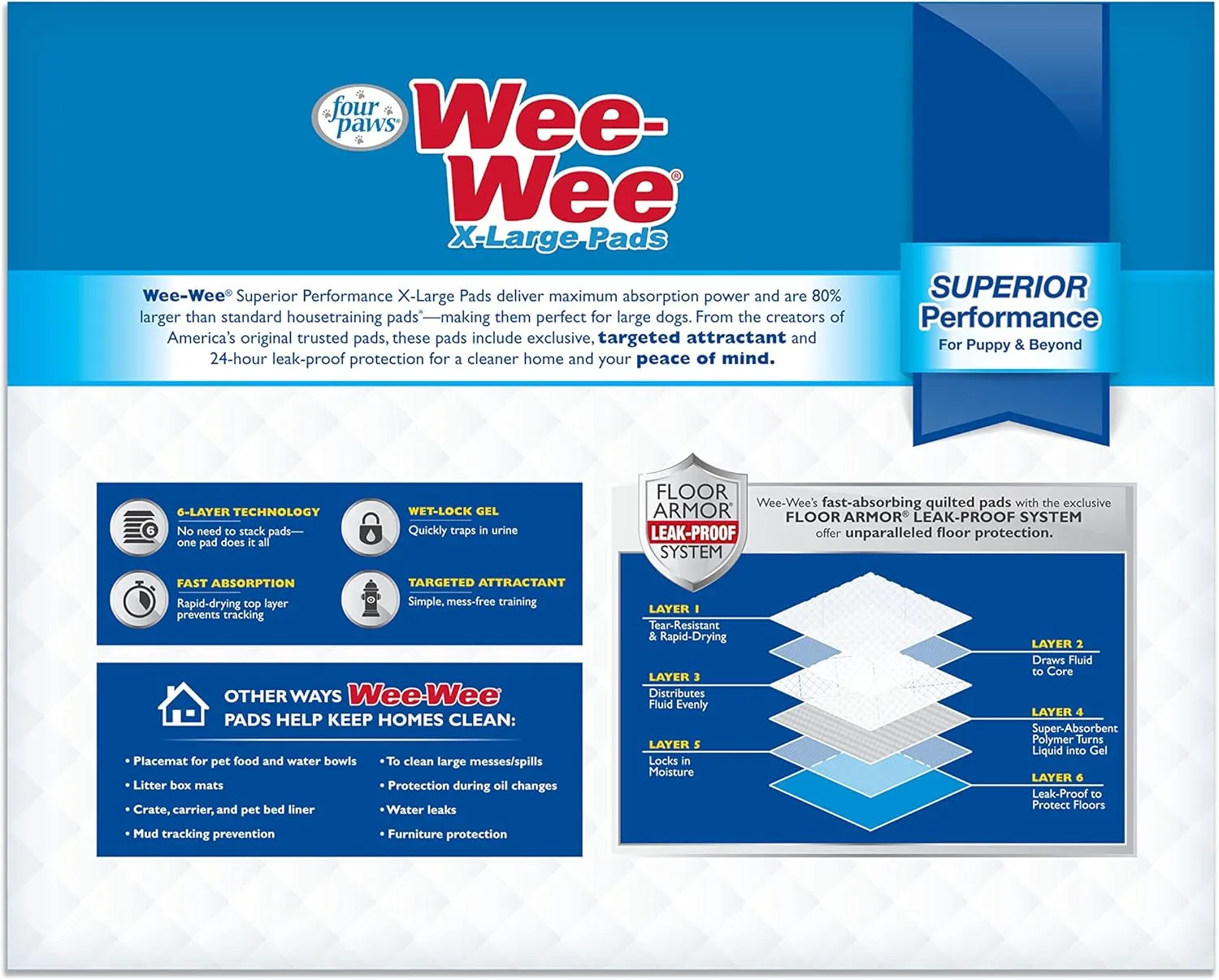 Four Paws Wee-Wee Superior Performance Pee Pads for Dogs with Runoff Barrier Edge Guard Protection, Puppy & Dog Potty Training Pads, Housebreaking Supplies, 28" x 34" (6 Count)