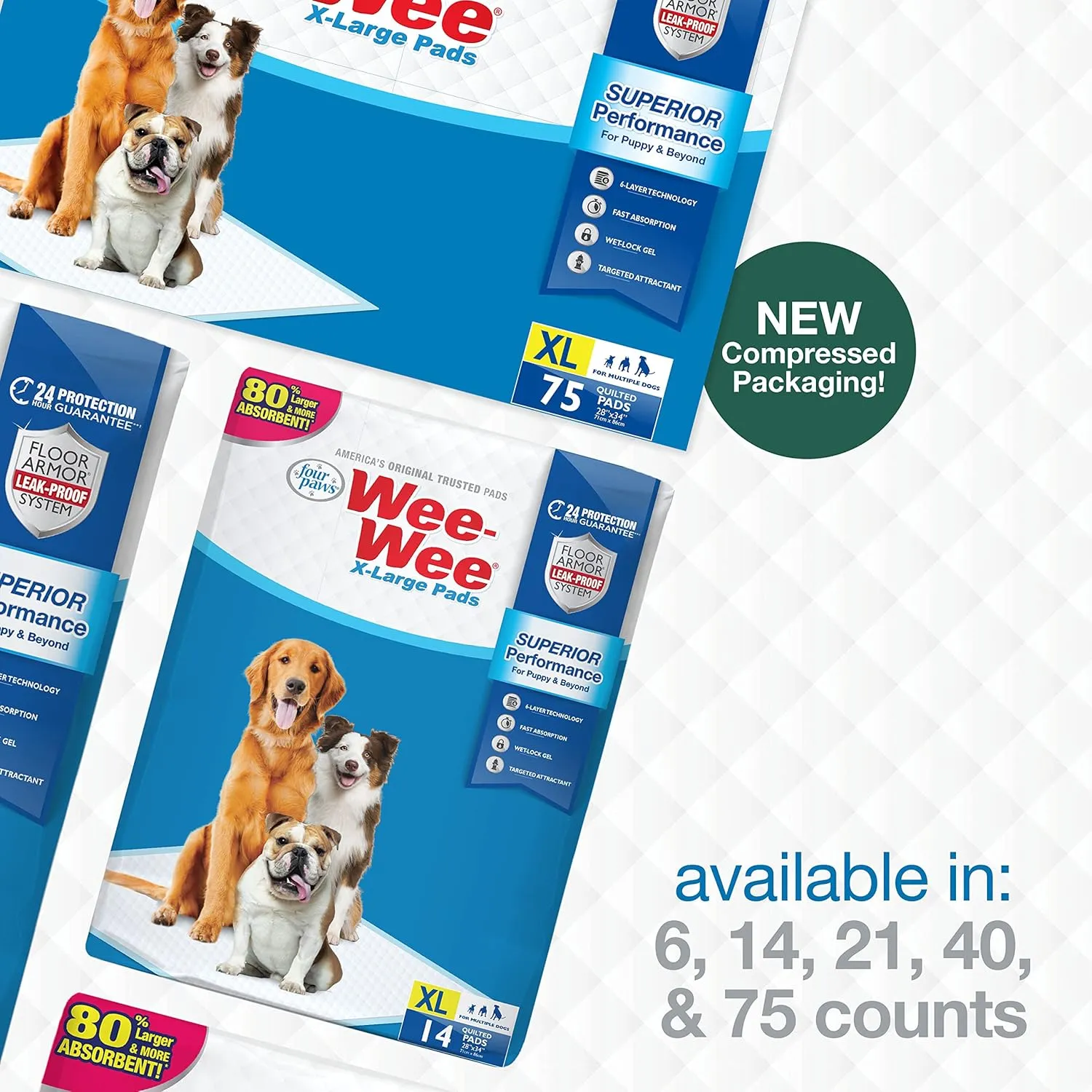 Four Paws Wee-Wee Superior Performance Pee Pads for Dogs with Runoff Barrier Edge Guard Protection, Puppy & Dog Potty Training Pads, Housebreaking Supplies, 28" x 34" (6 Count)
