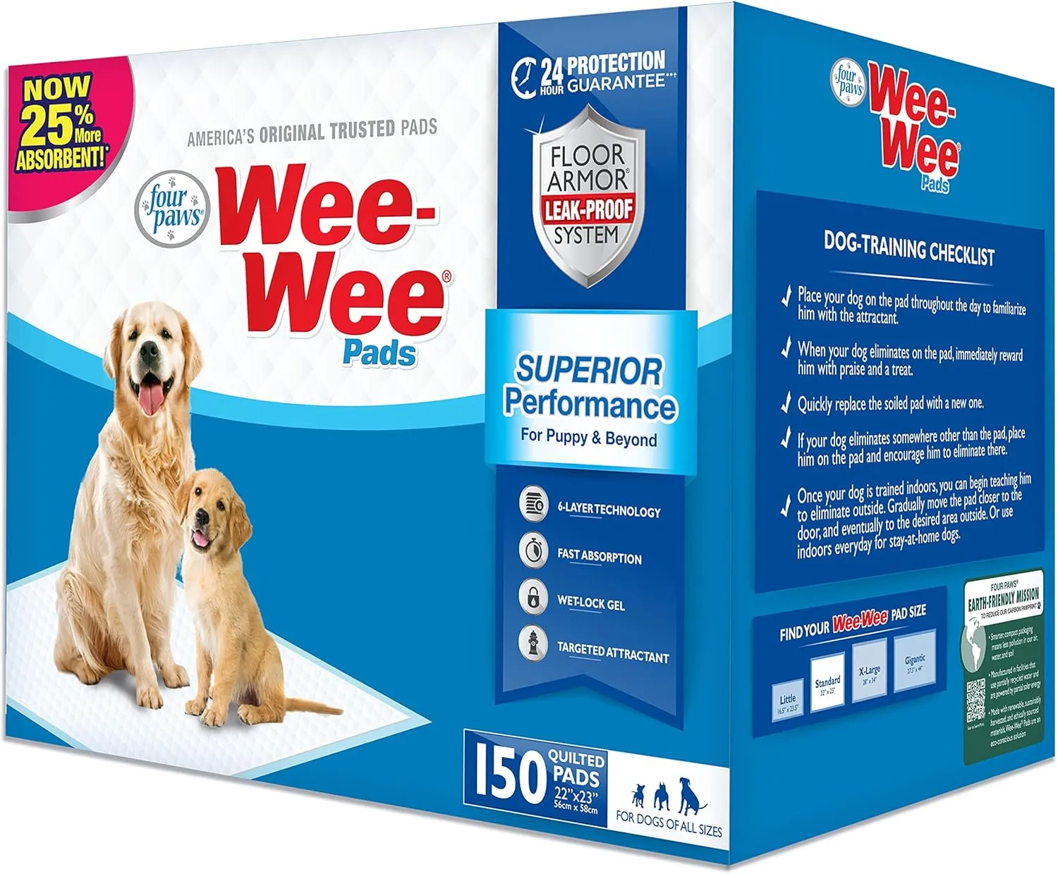 Four Paws Wee-Wee Superior Performance Unscented Pee Pads for Dogs & Puppies, Quilted Leak-Proof Dog Housebreaking Potty Training Floor Protection, 22" x 23", 150 Count