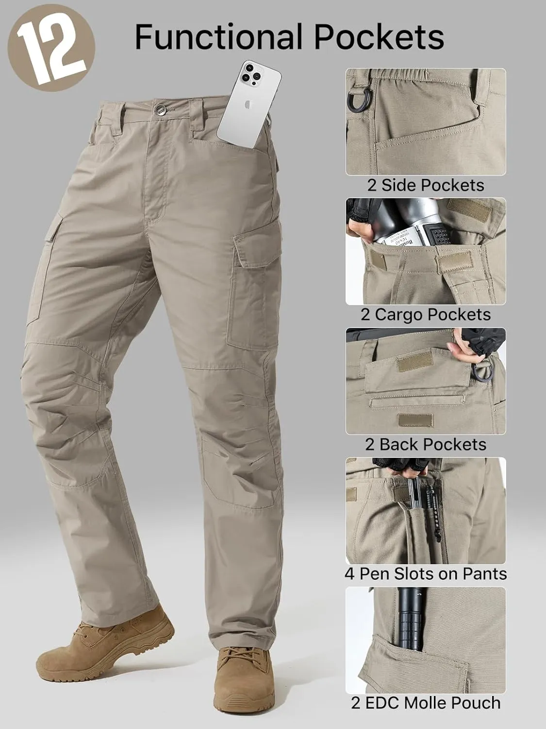 FREE SOLDIER Men's Water Resistant Pants Relaxed Fit Tactical Cargo Work Pants with Multi Pocket