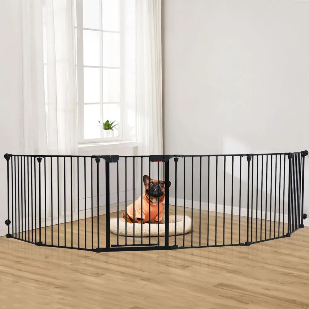 Freestanding Dog Gates with Door Walk Through, Extra Wide Doggy Door 150" W x 29" H Pet Gate Safty 6 Panels Dog Fence for Stairs, Doorways