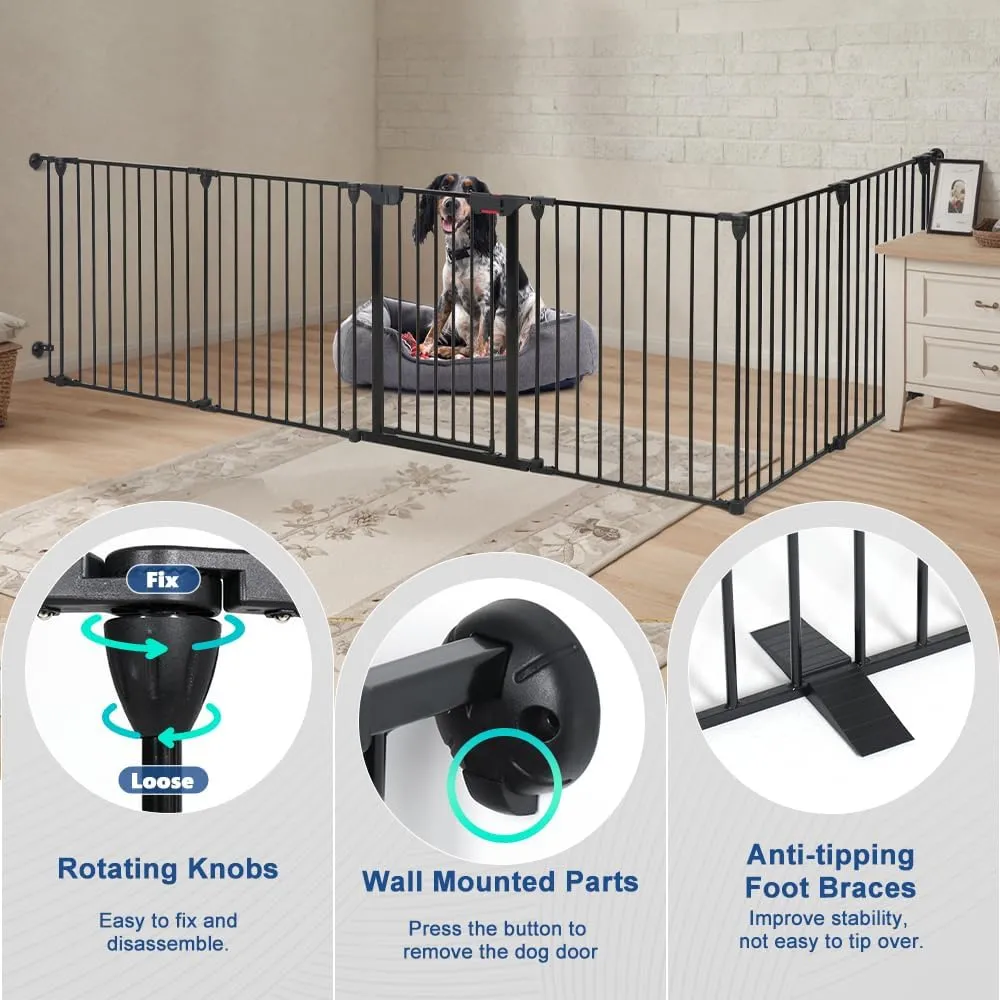 Freestanding Dog Gates with Door Walk Through, Extra Wide Doggy Door 150" W x 29" H Pet Gate Safty 6 Panels Dog Fence for Stairs, Doorways