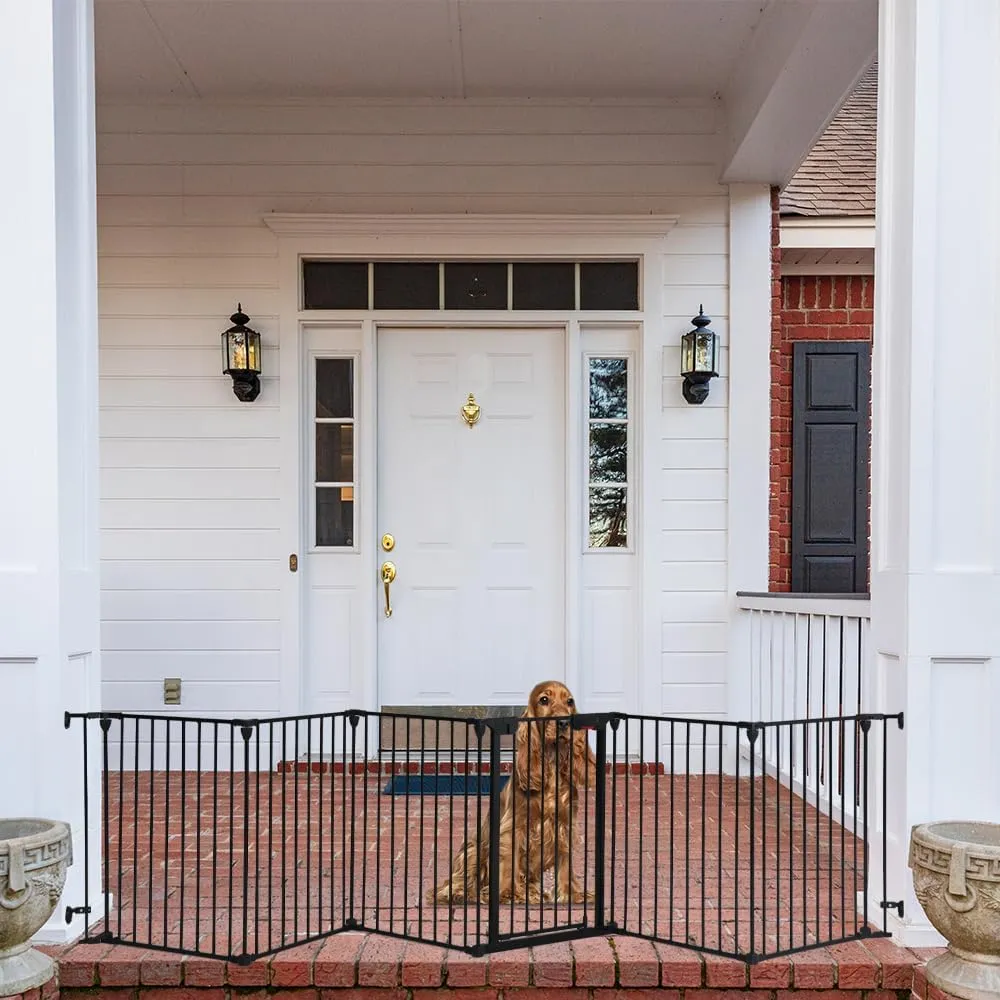 Freestanding Dog Gates with Door Walk Through, Extra Wide Doggy Door 150" W x 29" H Pet Gate Safty 6 Panels Dog Fence for Stairs, Doorways
