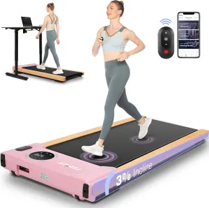 FUNMILY Walking Pad Treadmill with Incline,2.5HP Brushless Wooden Under Desk Treadmill with Smart APP,300 Lb Capacity,2 in 1 Portable Walking Treadmills for Home with Remote Control and LED Display