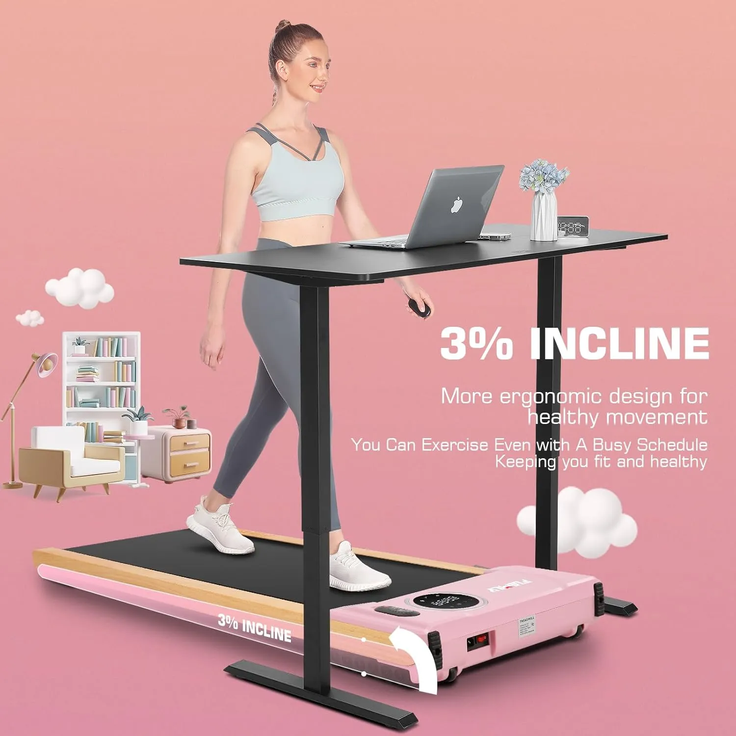 FUNMILY Walking Pad Treadmill with Incline,2.5HP Brushless Wooden Under Desk Treadmill with Smart APP,300 Lb Capacity,2 in 1 Portable Walking Treadmills for Home with Remote Control and LED Display
