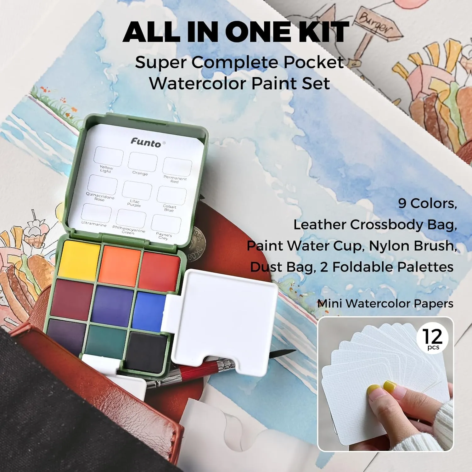 Funto Pocket Watercolor Set, Travel Paint Kit, with 9 Colors, Leather Bag, Paint Water Cup, Foldable Palettes, and Mini Watercolor Papers, Set for Art