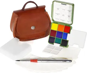 Funto Pocket Watercolor Set, Travel Paint Kit, with 9 Colors, Leather Bag, Paint Water Cup, Foldable Palettes, and Mini Watercolor Papers, Set for Art