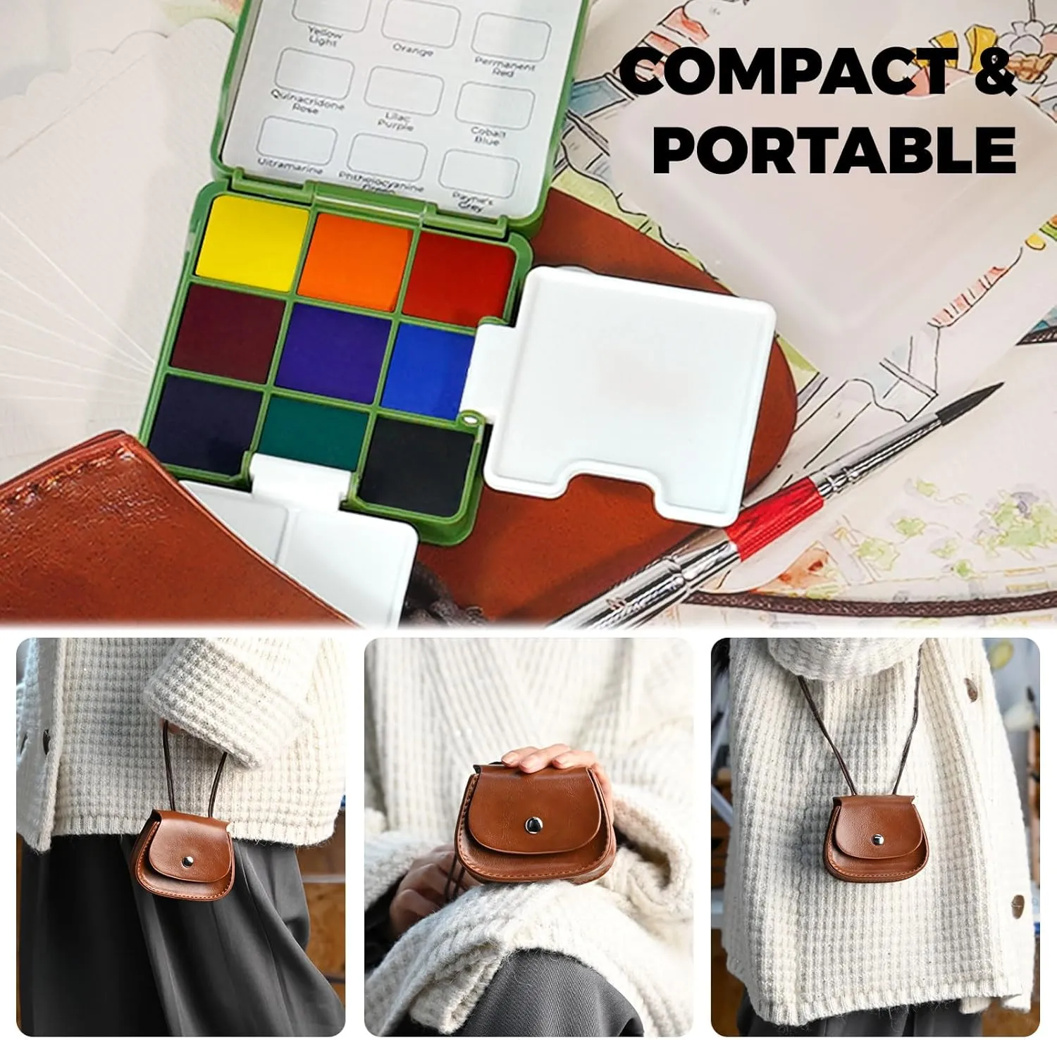 Funto Pocket Watercolor Set, Travel Paint Kit, with 9 Colors, Leather Bag, Paint Water Cup, Foldable Palettes, and Mini Watercolor Papers, Set for Art